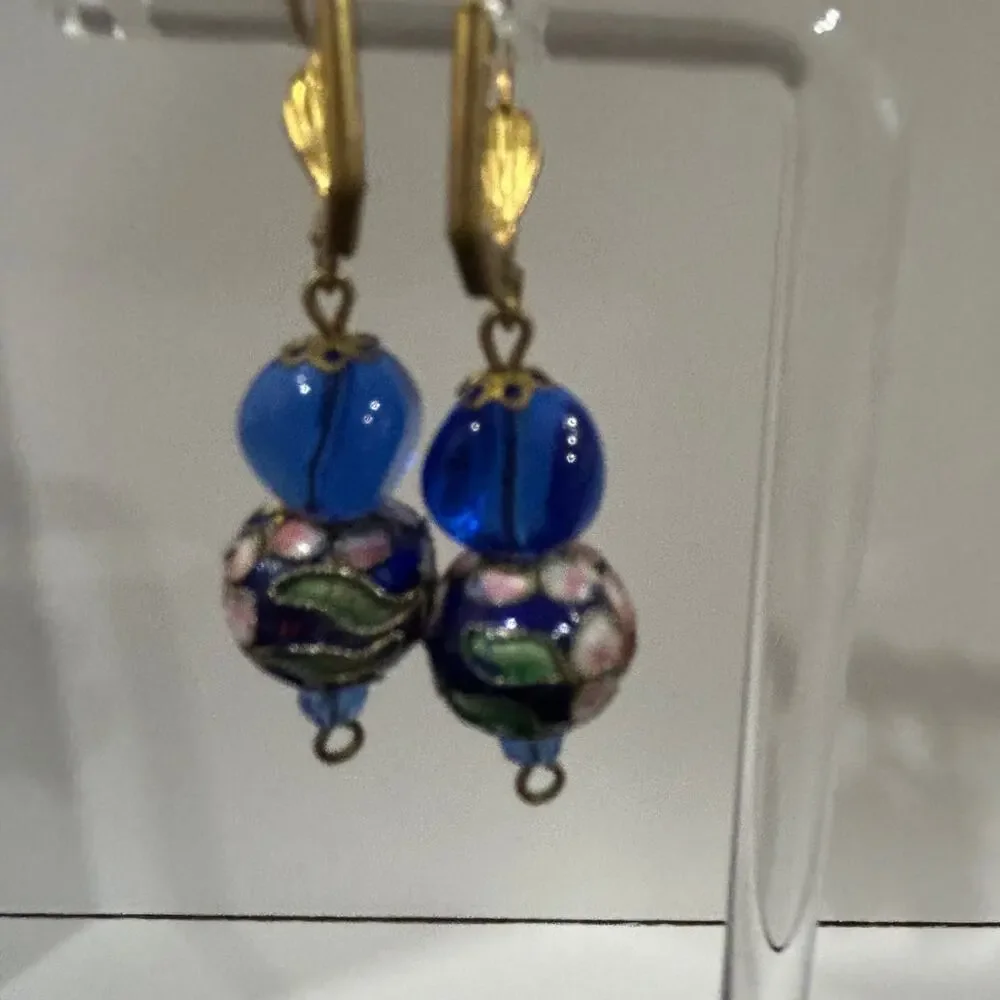 Cloisonne dangle pierced earings blue glass enamal gold deco